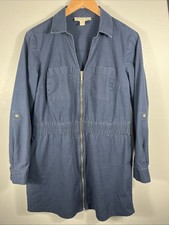 Michael Kors Roll Sleeve Zip Front Navy Blue Shirt Dress Size Large