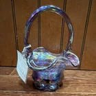 Fenton Opalescent Purple Hand Blown Glass Handled Decorative Basket. Free Book!
