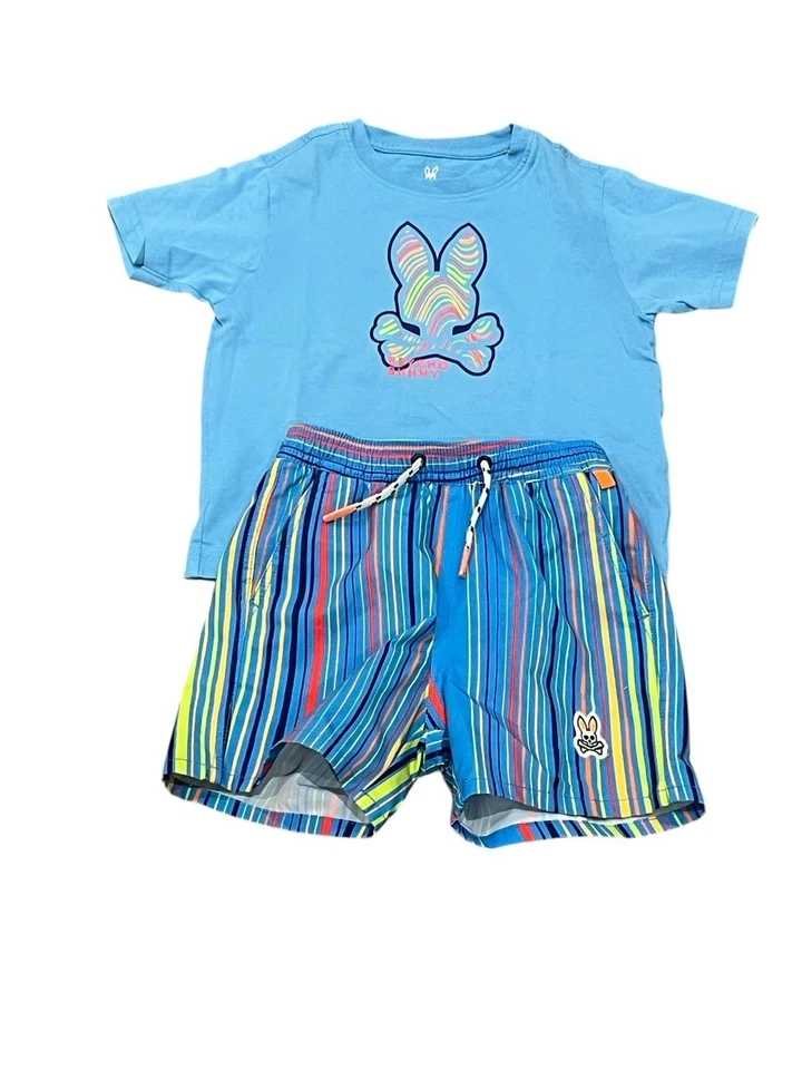 PSYCHO BUNNY 3T-4 SET OUTFIT BLAU LOGO TEE T-SHIRT BADESHORTS BADEHOSE STREIFEN
