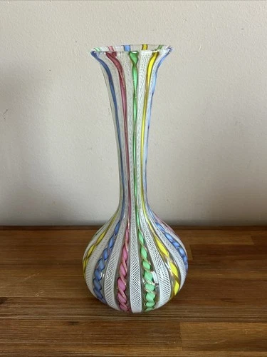 Vintage Murano Latticino Venetian Ribbon Glass Multicolor Bud Vase Italy 10.25"