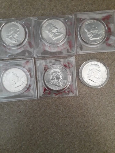 1958 Franklin Silver Half Dollars Uncirculated Have 6 Coins Choice Uncirculated
