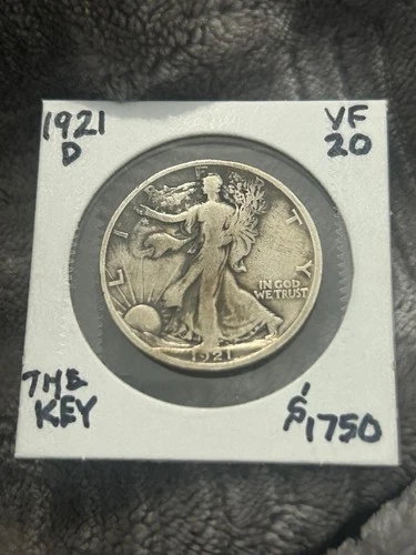 KEY, VF 1921-D Walking Liberty Half Dollar. Perfect rims.