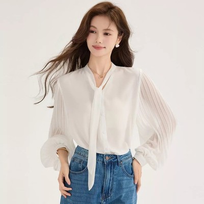 Weißes Hemd aus Chiffon Schleife und Plisseeärmeln elegant Damen CF57410
