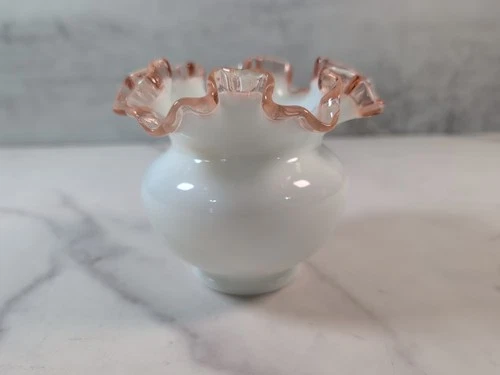 Vintage Fenton Rose Crest Milk Glass Ruffled Pink Edge Bowl 4.25" Tall