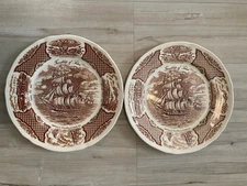 Meakim Fair Winds Ship Nautical Brown Dinner Plates 10.5” Staffordshire England