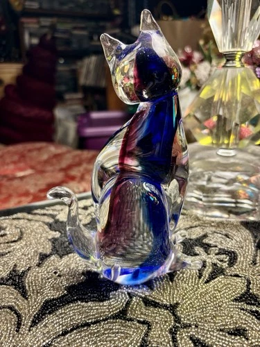 Murano Vintage Clear Art Glass Cat Figurine Sommerso Blue/Rust, Made in Italy