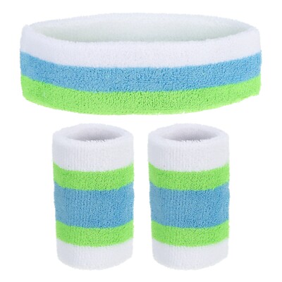Sport Armbänder Stirnband Set 8x10cm Baumwoll Frottee 20x5cm Weiß Grün Blau