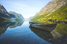 Landscape nature fjord mountains boat reflection grass Custom Gaming Mat Desk
