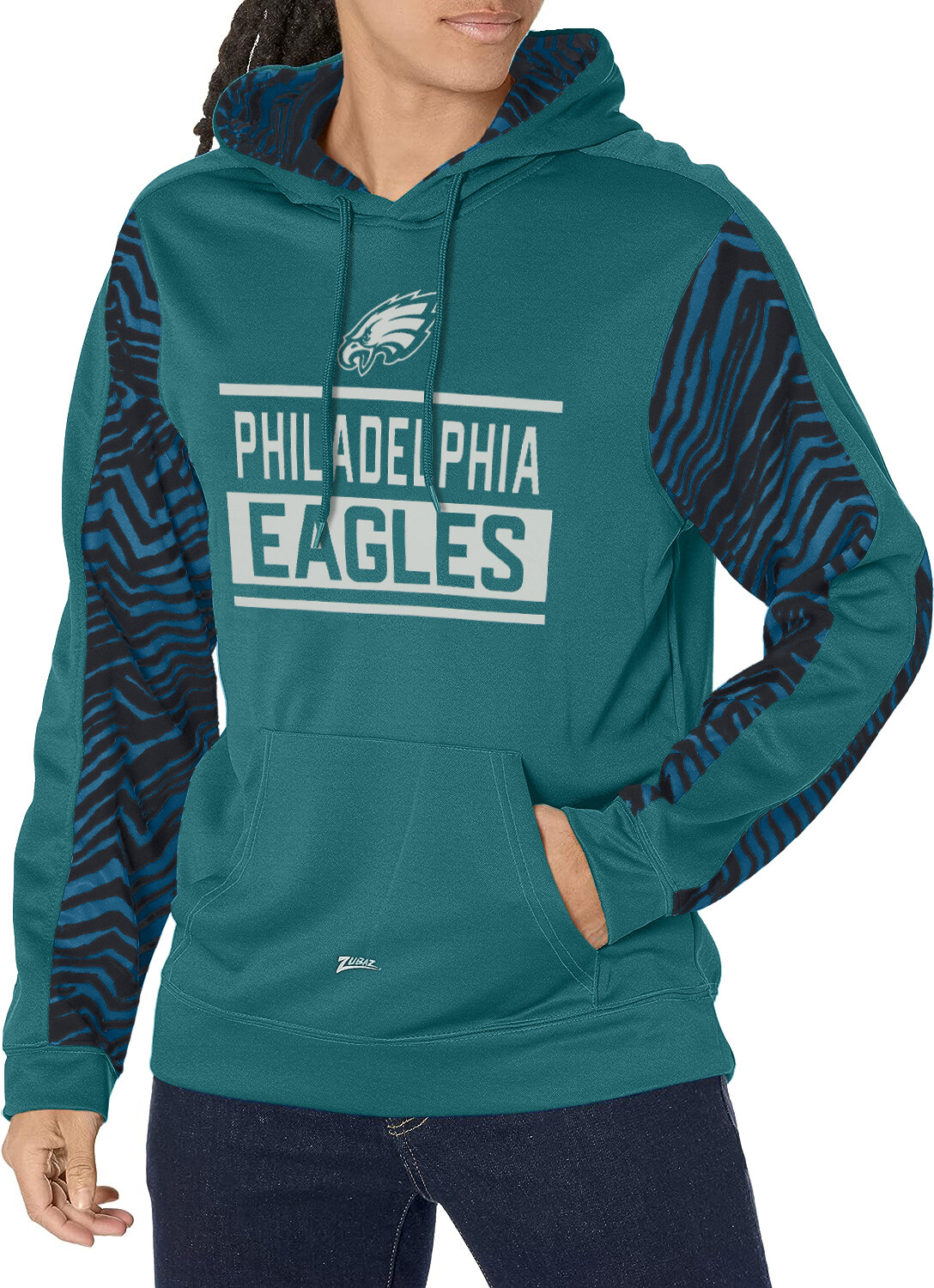 Пуловер с капюшоном Zubaz NFL Mens Philadelphia Eagles командного цвета с зебровыми вставками