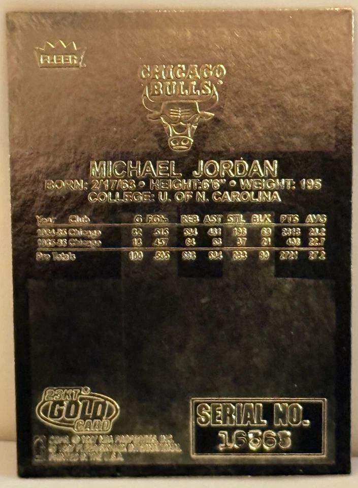 Michael Jordan Fleer '86 Rookie 1997-98 negro 23 quilates dorado rojo/blanco/borde azul Foto 3 de 4