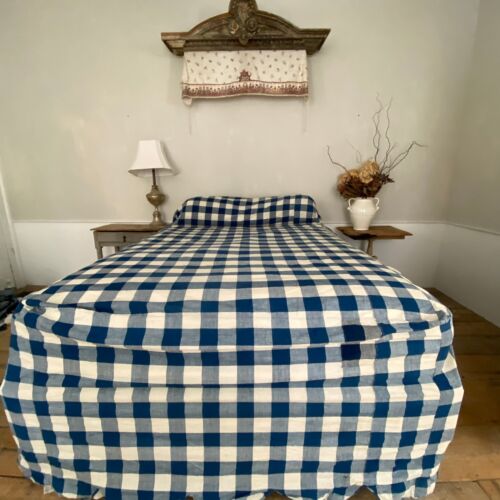 Queen size Antique bed Cover Blue Vichy Check fabric material textile from Fran