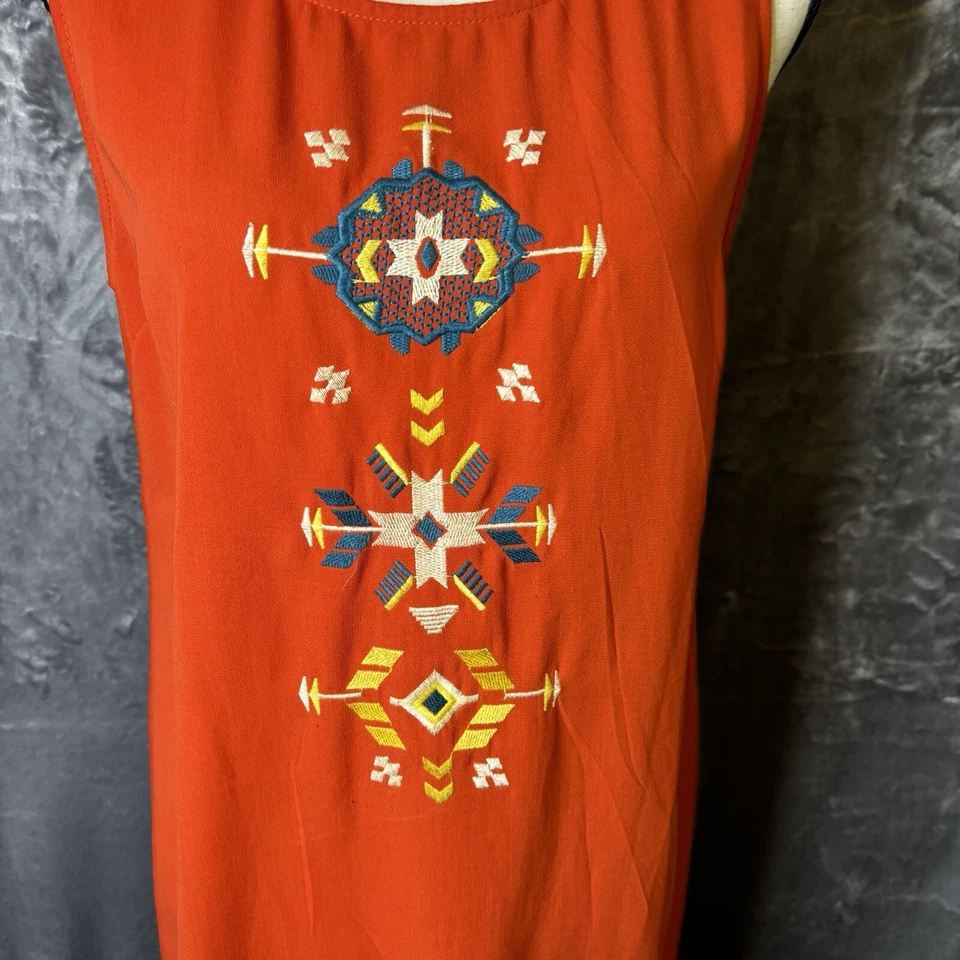 Ya Los Angeles Dress Large Orange Embroidered Tank Boho Beachy Zip Back - Image 3 of 4
