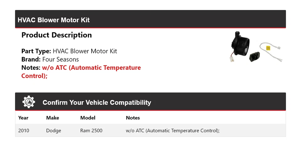 Kit de motor soplador de climatización para Dodge Ram 2500 2010 4 estaciones Foto 2 de 3