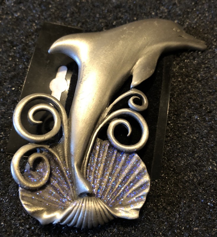 NEW Dolphin Brooch Silver-Tone Ocean Pin 3” W/Shell and Purple Glitter-ONLY ONE!