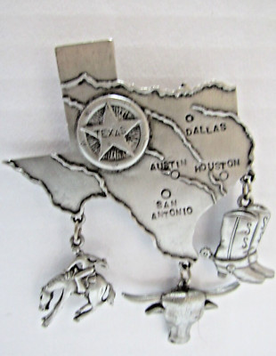 VTG 1980'S JJ LONESTAR STATE of TEXAS PIN/BROOCH WITH 3 DANGLE CHARMS in PEWTER