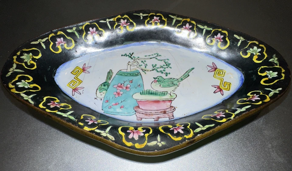 Antiguo plato de cobre esmaltado de exportación chino de principios del siglo XX hecho en China Foto 3 de 4