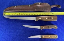 Mixed Lot of 3 Used Chicago Cutlery Knives: 78S w/ Leather Sheath, 103S, 100S