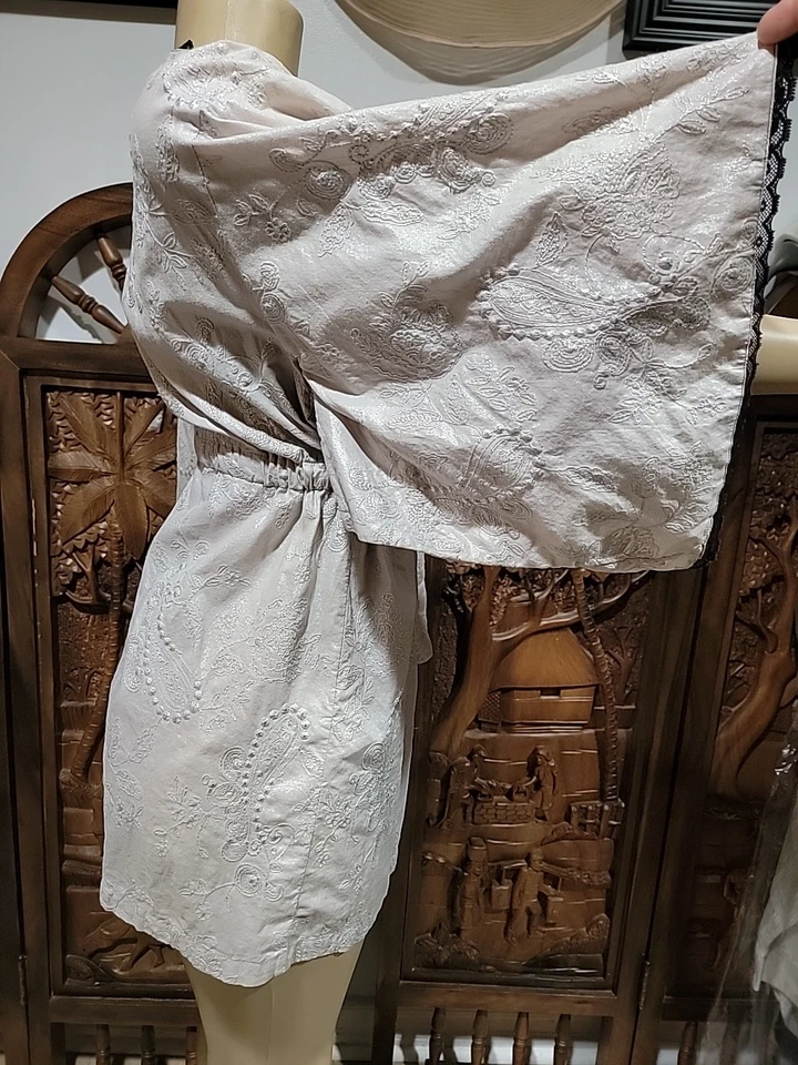 Josie Natori cotton XS kimono robe gray embroidery paisley Lace Trim Belted #CB2 - Image 4 of 4