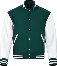 Men's Custom Green White Wool Leather Baseball Lettermen Varsity Bomber Jacket