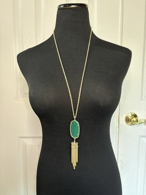 Kendra Scott Rayne Long Pendant Tassel Necklace Emerald Green Gold Tone