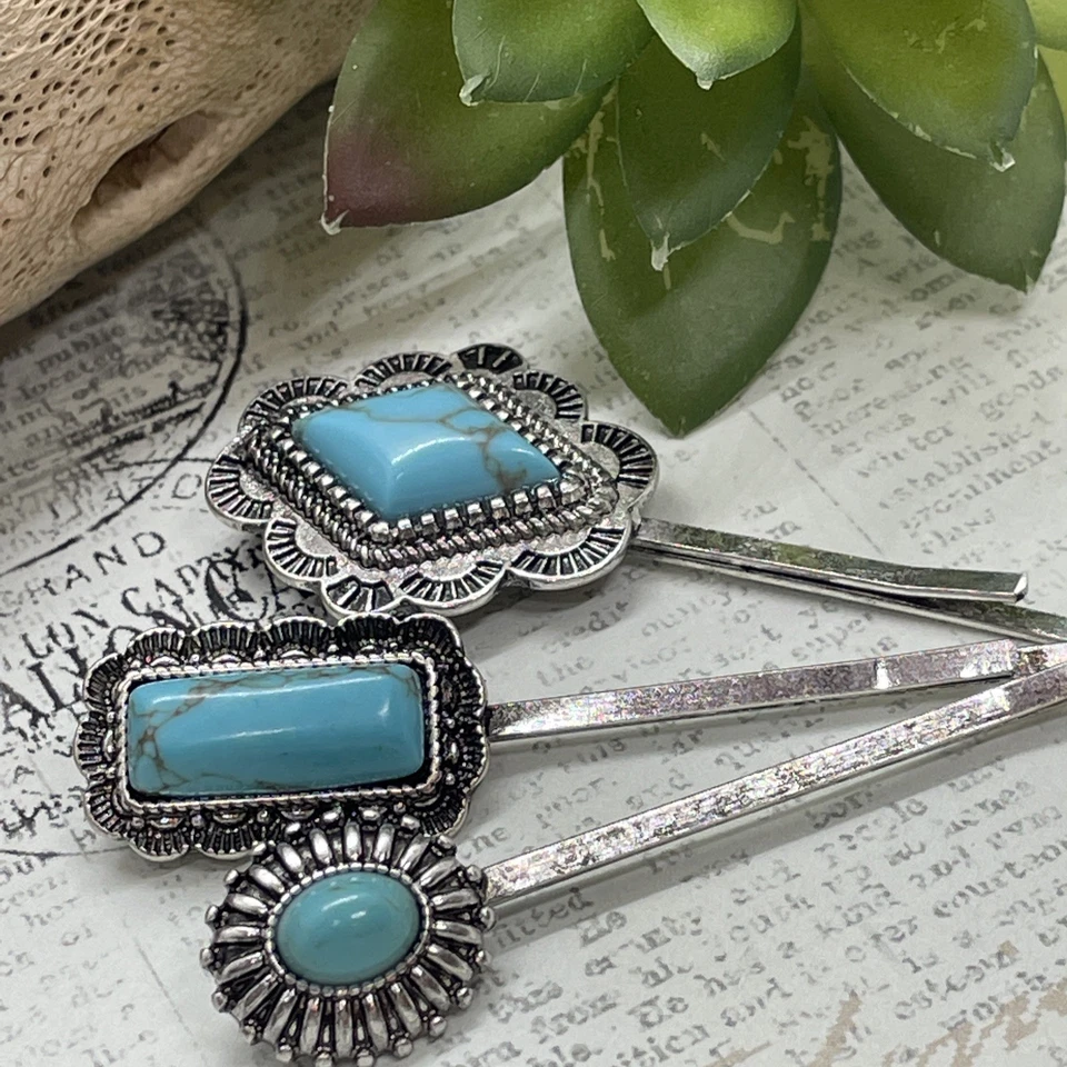 JUEGO 3 Pinzas de Pelo Plateadas del Suroeste Occidental Turquesa Elegante Vaquera Nativa Foto 4 de 4