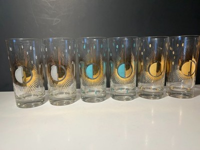 Vintage Fred Press Atomic Starburst Highball Glass Gold MCM Barware