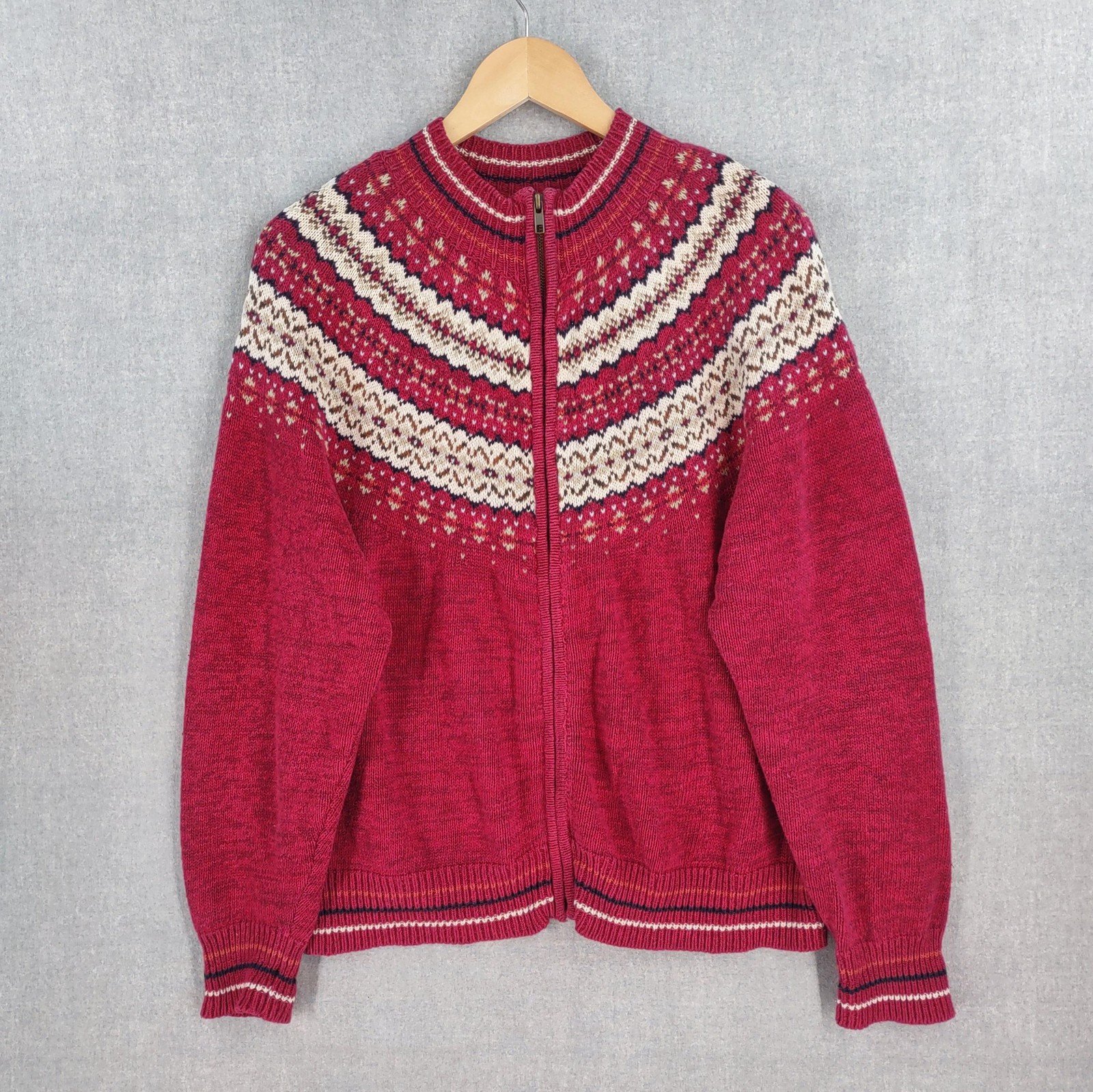 VINTAGE Heirloom Collectibles Sweater Womens XL Red Fair Isle Zip Cardigan 00s