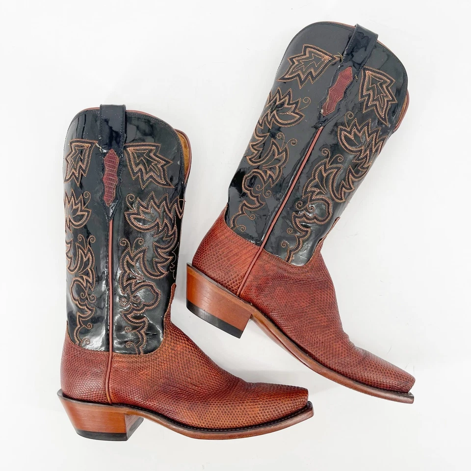 Lucchese Women’s 7 Black & Cognac Lizard Print Snip Toe Western Cowgirl Boots - Image 3 of 4