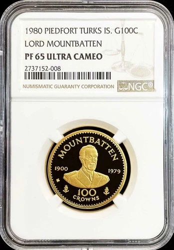 1980 GOLD PIEDFORT 250 MINTED TURKS & CAICOS 100 CROWNS MOUNTBATTEN NGC PF 65 UC