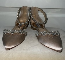 Badgley Mischka Vivien Satin Metallic Bejeweled Flats, Latte, Size 7