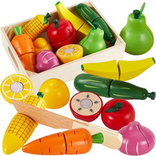 Wooden Play Food Set Cutting Fruits and Veggies Toys for Toddlers 1-3, Pretend P