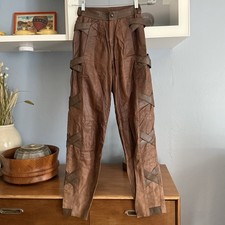 Vintage Snake Embossed Leather Pleated Pants Brown Slim Tapered Germany Sz 00 23