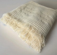 VTG Pendleton Woolen Mills Woven Wool Blanket Throw Cream Fringed Ivory 53 49"