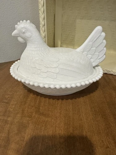 Vintage Indiana White Milk Glass Chicken Hen on Nest Dish