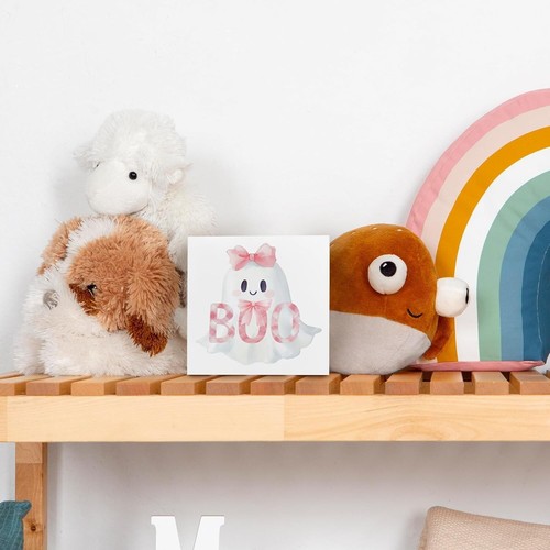 Halloween Ghost Pastel Tabletop Sign Pink Sign Wooden Block Boo box decor desk - Picture 5 of 7