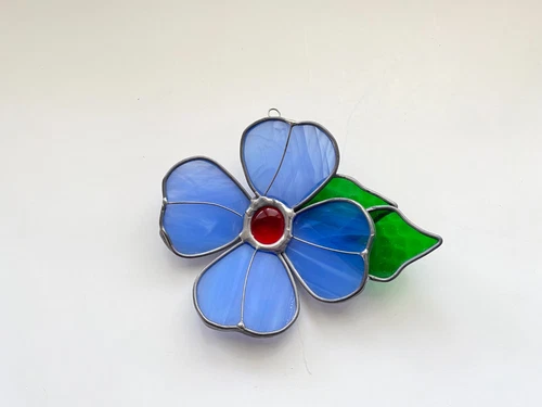 Vintage TIFFANY Stained Glass BLUE Flower Suncatcher READ