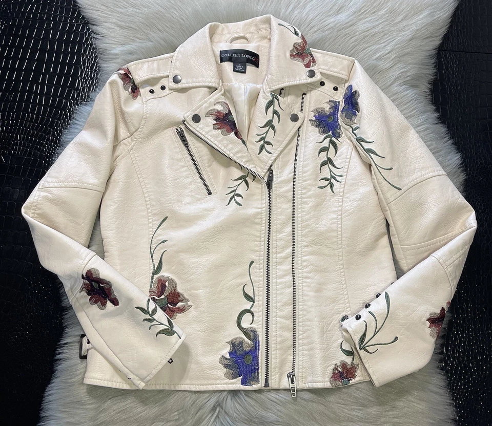 Colleen Lopez Faux Leather Jacket Embroidered Zip Details Size Small  - Image 2 of 4