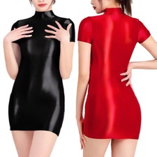 Womens Stretch Wet Look Satin Bodycon Short Sleeve Cocktail Dress Shiny Clubwear