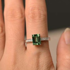 Green Sapphire Ring Emerald Cut Green Gemstone Ring Sterling Silver Wedding Ring