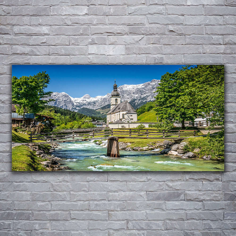 Tableau sur verre acrylique panoramique 120x60 église pont et lac