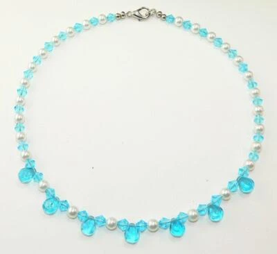 Halskette KETTE  mit TROPFEN  /  RHOMBEN / TÜRKIS  Weiß GLASPERLEN   398b - Bild 1 von 3