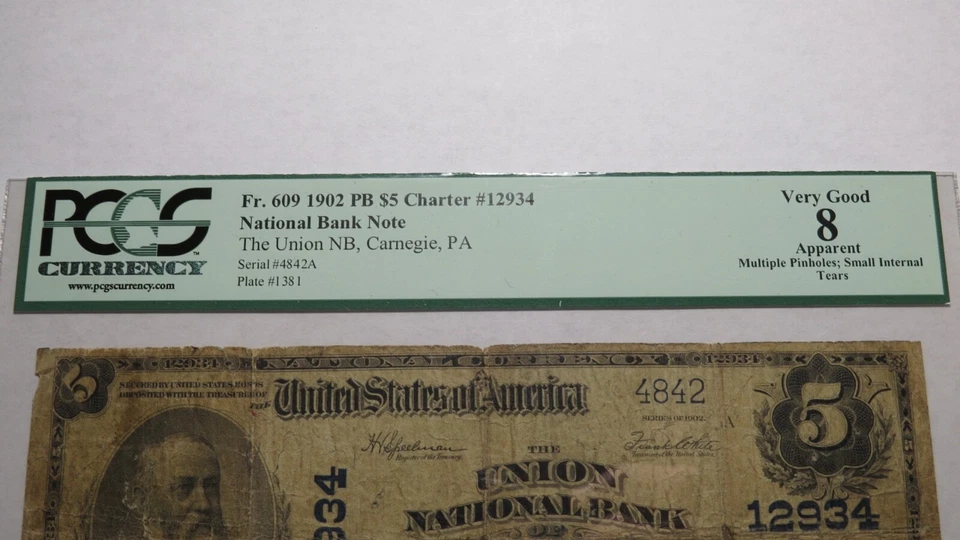 $5 1902 Carnegie Pennsylvania PA National Currency Bank Note Bill Ch #12934 PCGS - Image 3 of 4