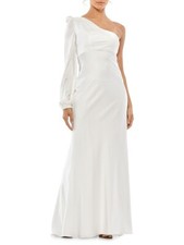 Ieena Mac Duggal White One-Shoulder Long Sleeve Satin Gown Sz 6 $358