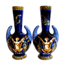 Gien French Faience Renaissance Fond Bleu Vases, 1950s - Pair - Mint Condition