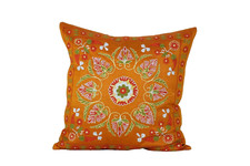 Uzbek Papaya Orange Suzani Cushion Cover, Suzani Silk on Silk Cushion