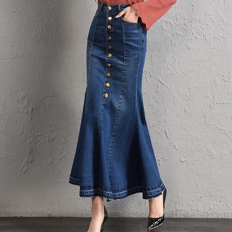 Ladies High Waist Stretch Denim Fishtail Skirt Button Front Flared Hem  Bodycon | eBay