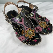 Beautiful Artsy SOCOFY Colorful Floral Leather Wedge Sandals Sz EU 37 US 6.5