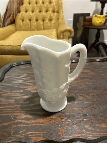 Vintage Westmoreland Milk Glass Paneled Grape Footed Pitcher 8.25" Tall