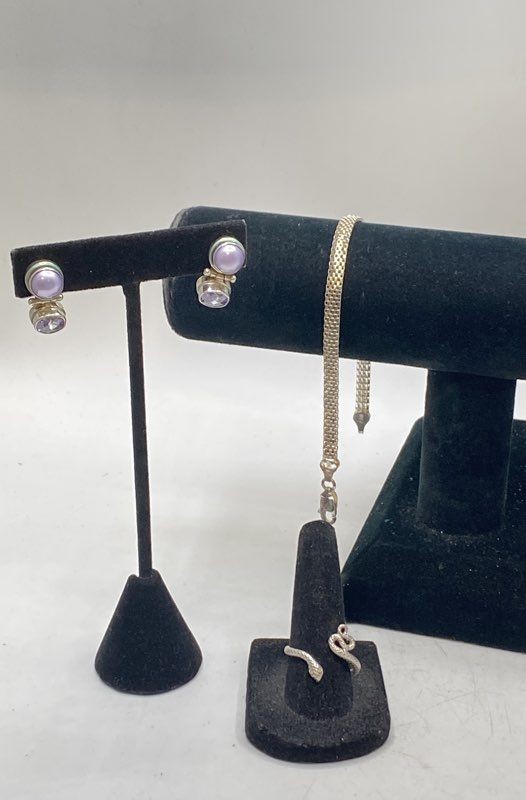 Sterling Silver 925 Jewelry Lot of 3 Mesh Bracelet Amethyst Pearl Earrings Ring