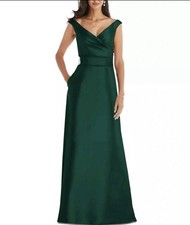 Alfred Sung Hunter Green Off the Shoulder Satin Gown Party Dress New Size 2